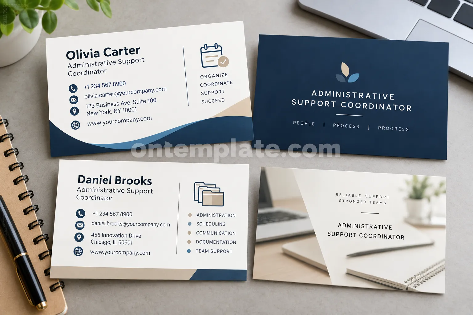 Administrative Support Coordinator business card template with clean professional layouts