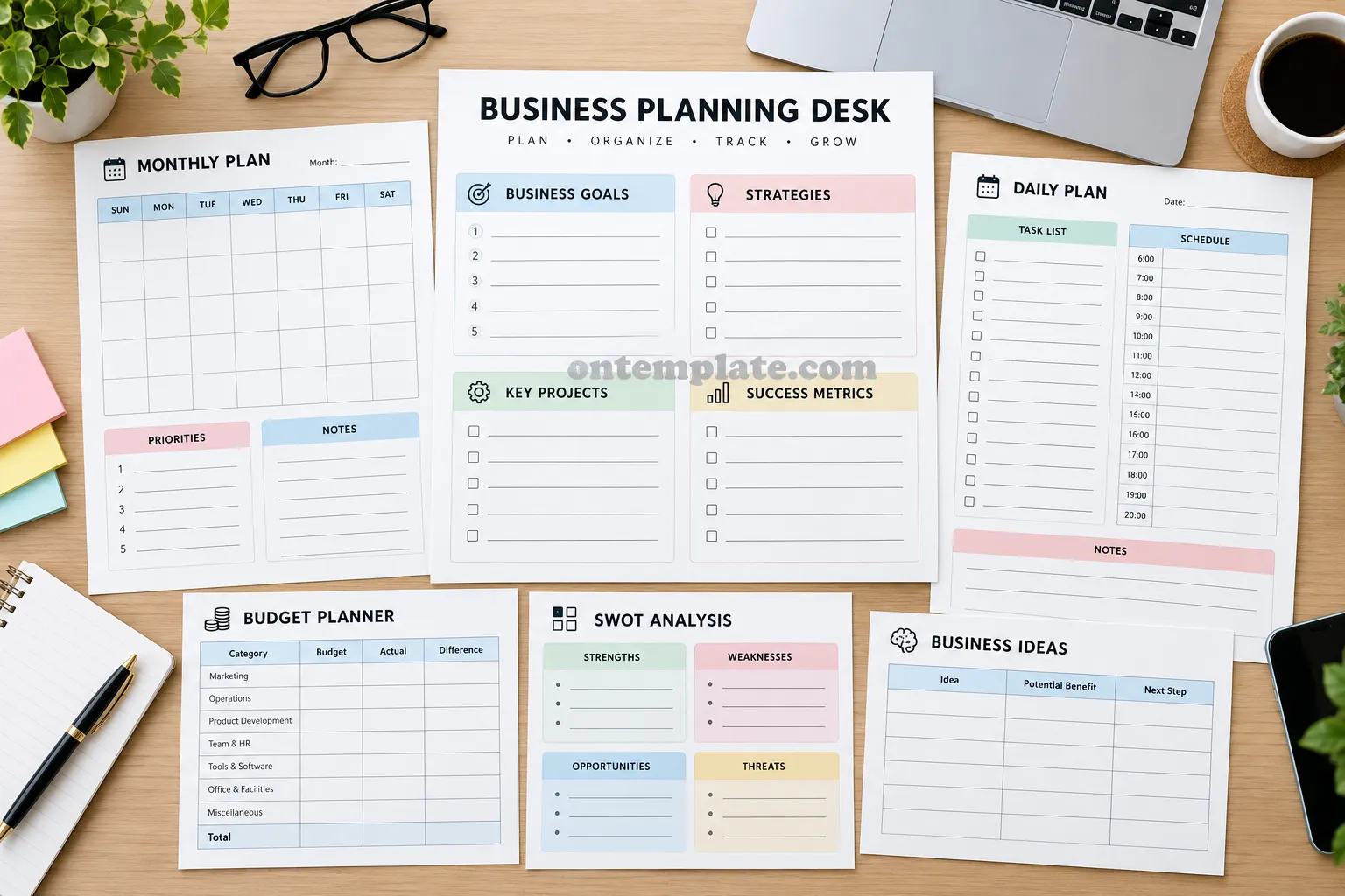 Business planning desk template with printable business goals, strategy, project, budget, SWOT, and daily planning worksheets