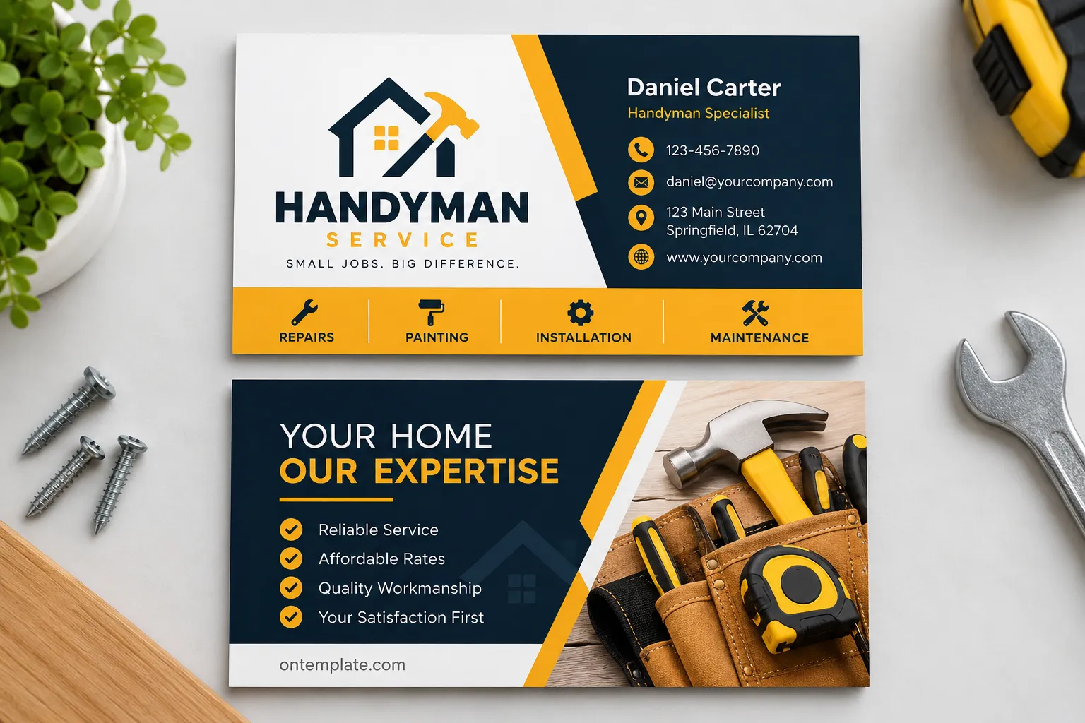 Professional handyman service business card template with repair, painting, installation, and maintenance services