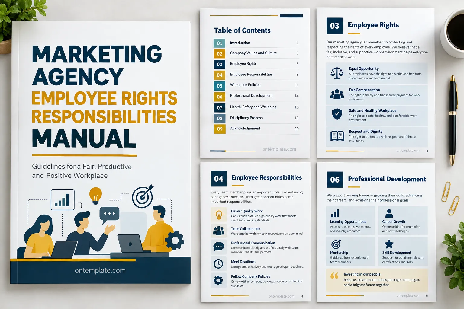 Marketing agency employee rights responsibilities manual template showing employee rights, responsibilities, workplace policies, and professional development sections.