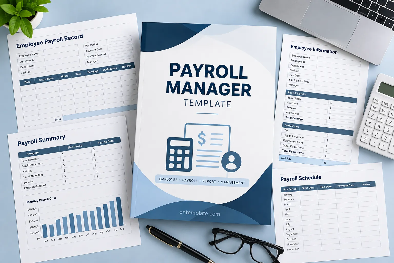Payroll manager cover template with organized employee payroll records, payroll summary, and payment schedule