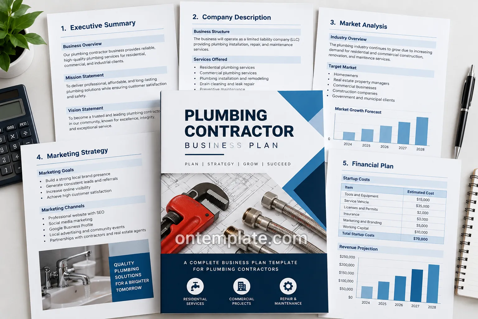Plumbing contractor business plan template with sections for company description, market analysis, marketing strategy, and financial planning