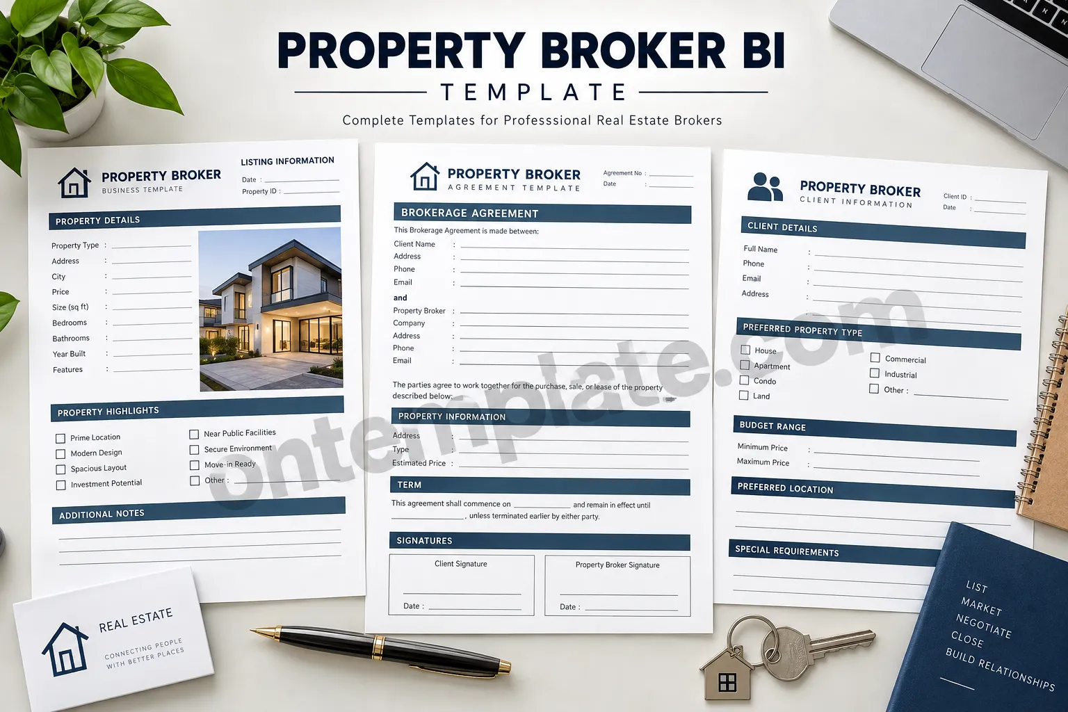 Property Broker BI Template with property listing, brokerage agreement, and client information forms