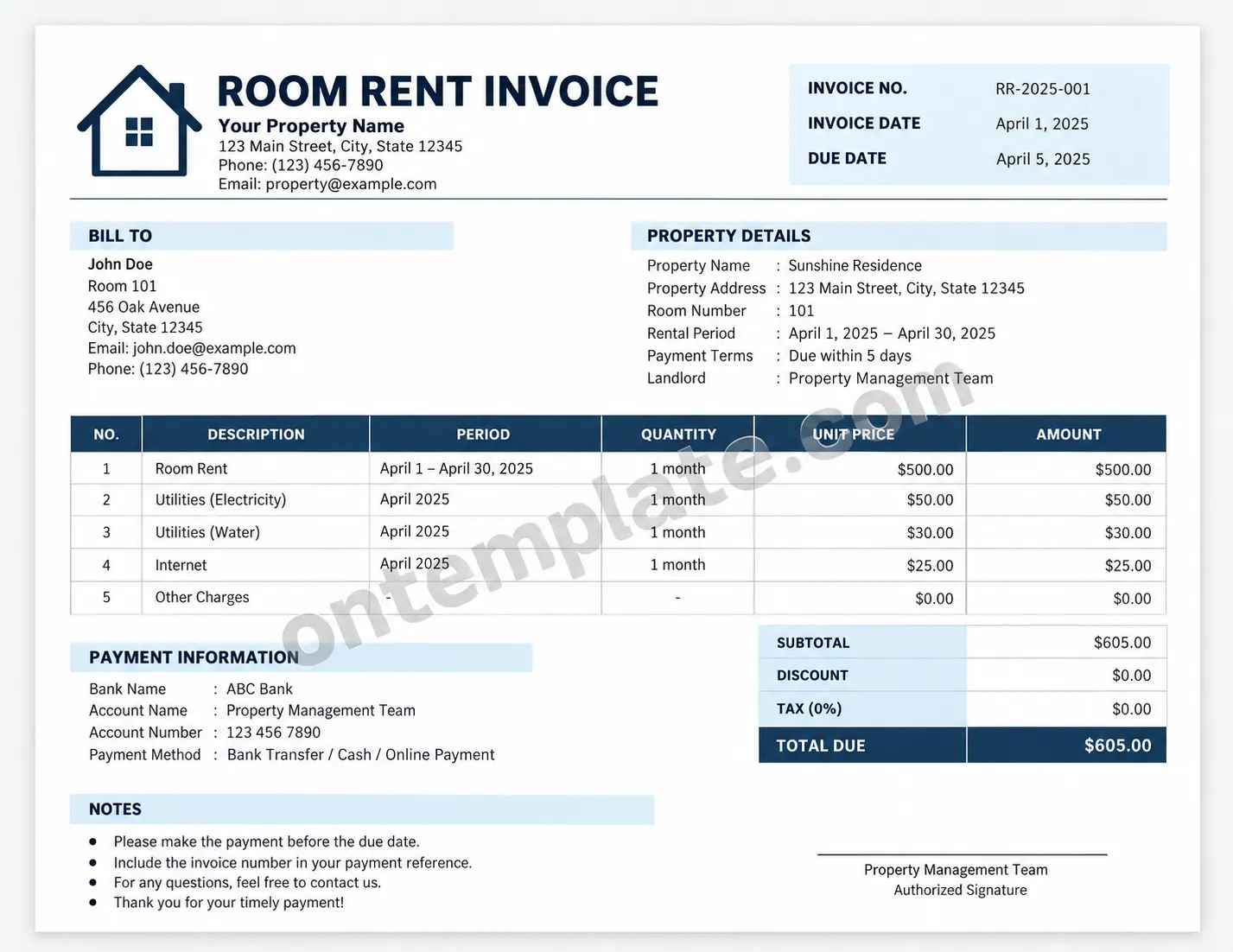 Printable room rent invoice template showing tenant details, rental charges, utilities, payment information, and total amount due